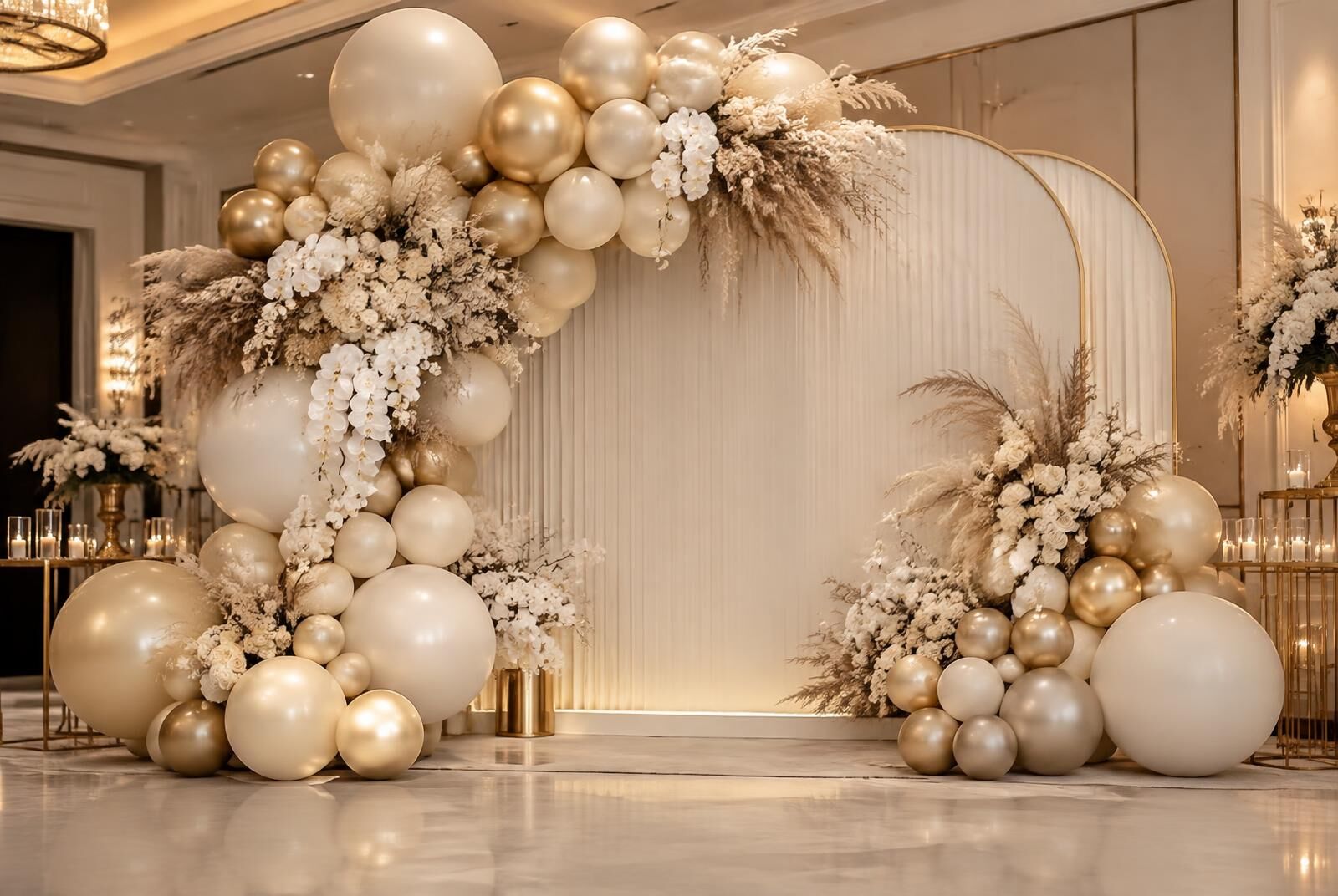 Grand ivory and gold balloon installation with pampas and white orchids in an elegant ballroom